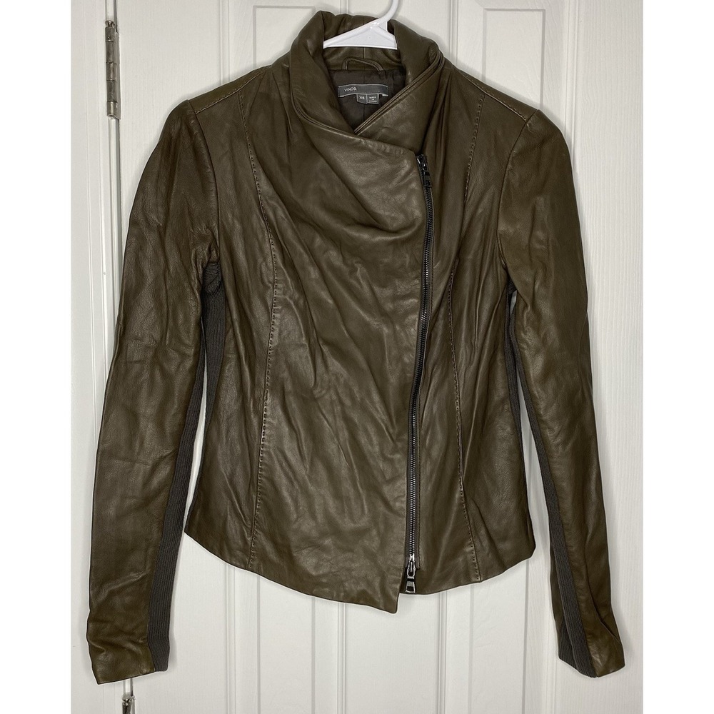 Vince Women's Leather Cross Front Moto Zip Jacket Olive‎ Size XS